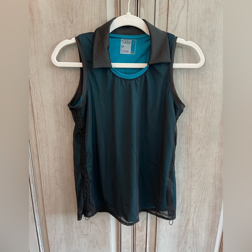 Lucky In Love - Teal Mesh Black Tennis Tank with side draw strings Size Med